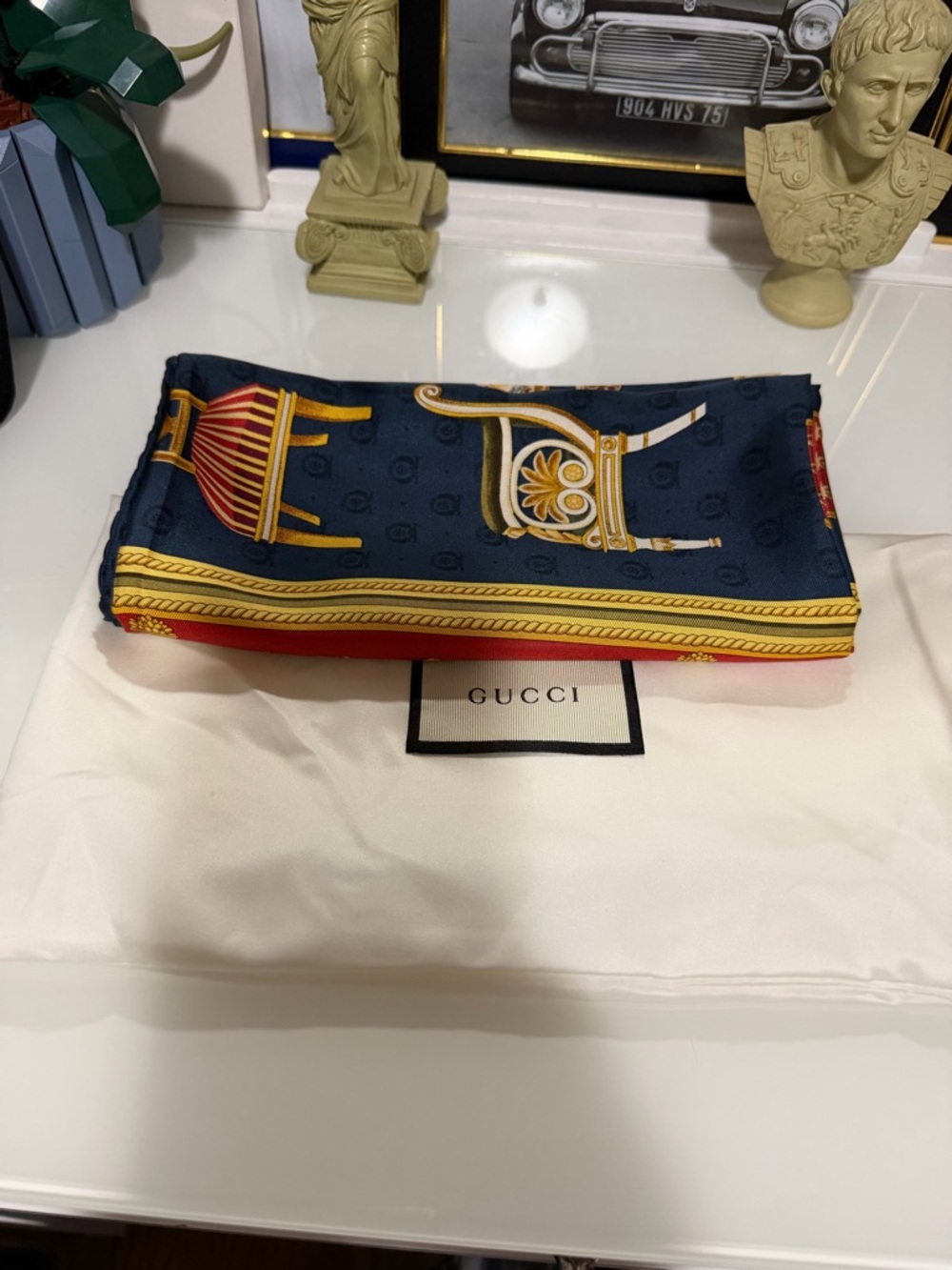 Authentic GUCCI Large Silk Scarf - Chairs - Red/Navy/Gold with dust bag and COA.